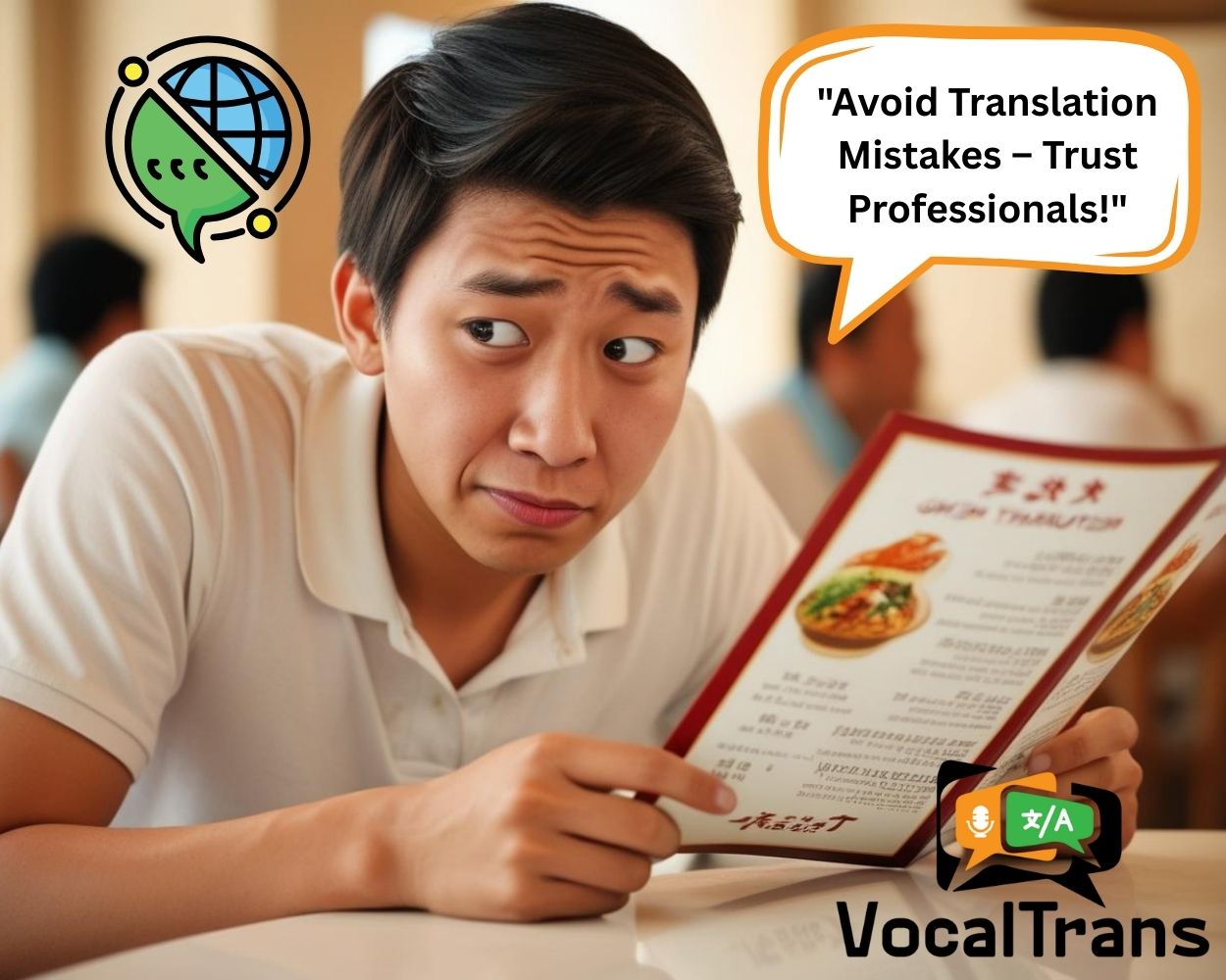 A confused man reading a mistranslated restaurant menu, highlighting the risks of poor translation. A speech bubble states 'Avoid Translation Mistakes – Trust Professionals!' emphasizing the need for expert language services. VocalTrans ensures accurate translations for businesses and global communication.