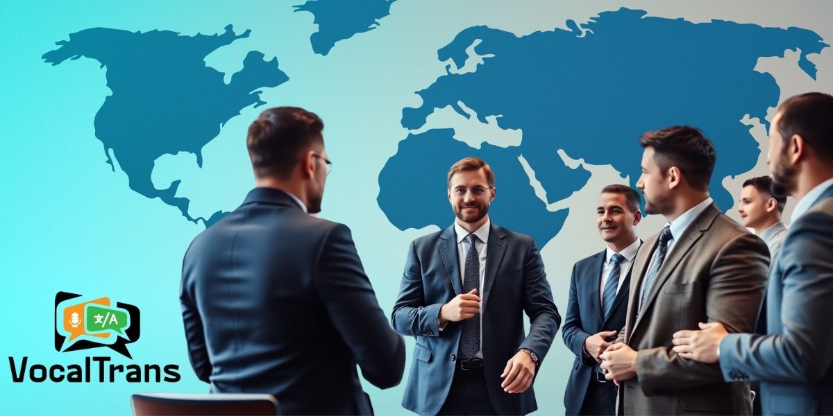 A group of businessmen in a formal meeting with a world map in the background, representing global expansion and multilingual communication and language services by VocalTrans.
