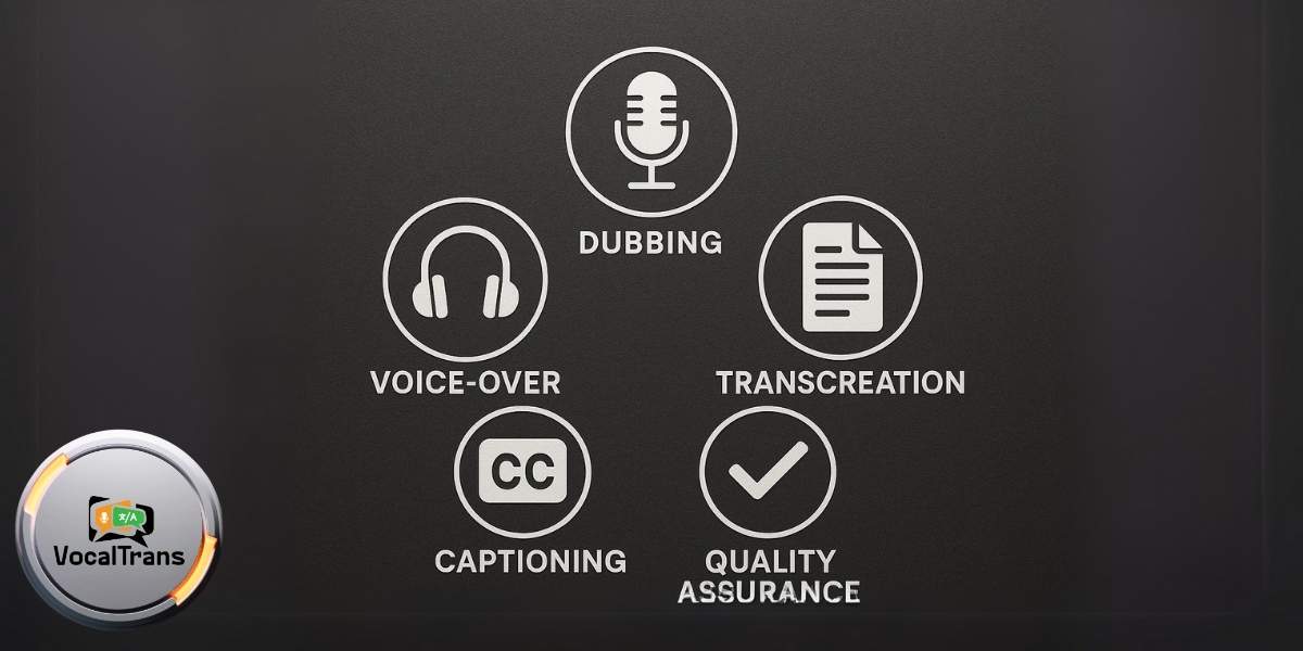 Icons Representing Dubbing and Voice-over, Transcreation, and Captioning Services